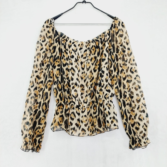 The Limited Silk Leopard Print Elastic Detail Long Sleeve Off Shoulder Top P4776 - Picture 4 of 7